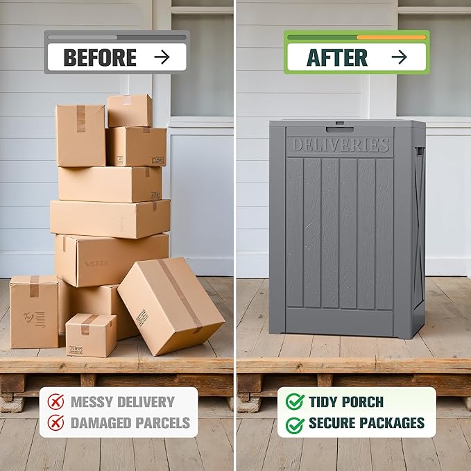 Greesum 52 Gallon Large Outdoor Package Delivery Box for Porch, Lockable Secure Double-Wall Resin Storage Bin, Waterproof Deck Container for Package Protection, Gray
