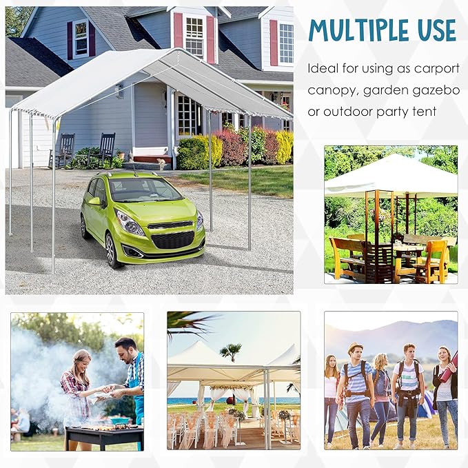 Outsunny 10'x20' Carport Outdoor Heavy Duty Party Tent Galvanized Car Canopy with Included Anchor Kit, 3 Reinforced Steel Cables, White