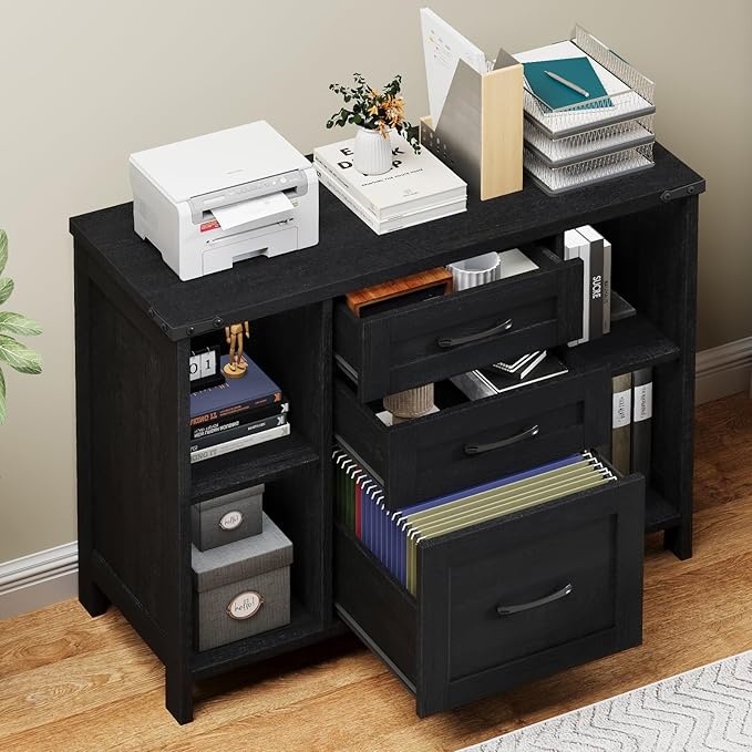 3 Drawer File Cabinet, Farmhouse Lateral Filing Cabinet Fits Files Letter or A4 Size, Wooden Printer Stand with Open Storage Adjustable Shelf for Home Office, Black