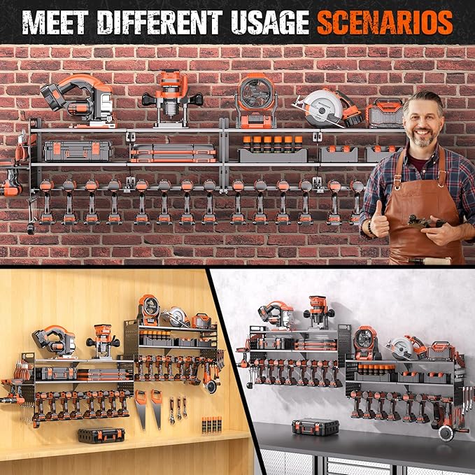 2-Pack Large Power Tool Organizer Wall Mount,Heavy Duty Cordless Tool Organizer with 18 Drill Holder,600 Lbs Capacity 3-Layer Garage Organization for Garage and Workshop (Black)