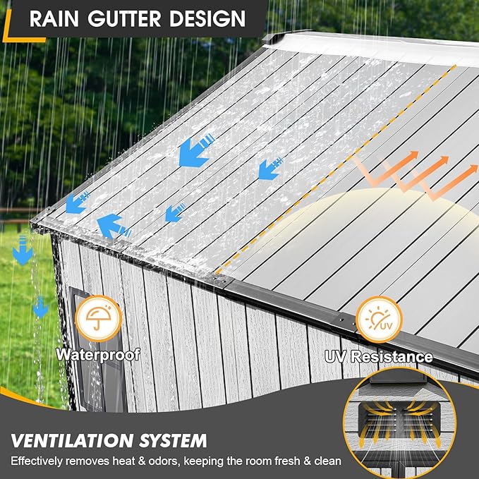 MELLCOM 8 x 8 FT Resin Outdoor Storage Shed with Floor, Outdoor Storage Tool Shed with Windows and Lockable Door, Resin Garden Shed for Lawnmower, Pool Supply, Bike