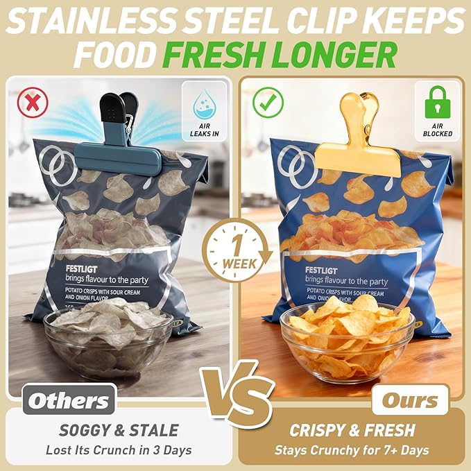 Funfery 24 Pack 3 Inch Stainless Steel Gold Chip Clips Strong Bag Clips Large Clip for Food Packages,Metal Kitchen Food Clip for Snack Home&Office Paper Heavy Duty