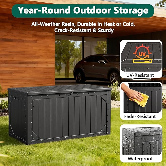 100 Gallon Outdoor Storage Box, Waterproof Resin Deck Box Organizer for Patio Cushion Storage, Lockable Outside Container for Garden Tools