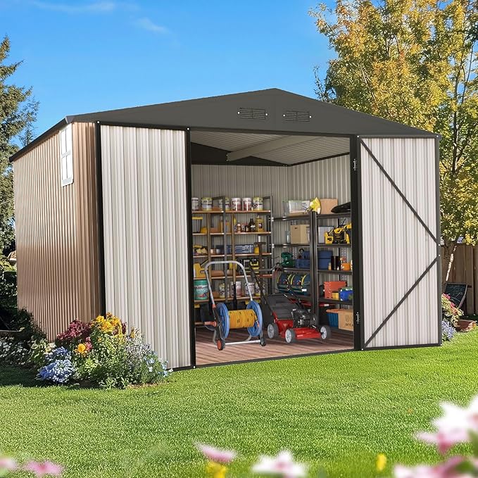 Quictent Heavy Duty 10X10 FT Metal Storage Shed, Lockable Steel Yard Waterproof Tool Shed for Garden, Backyard, Patio, Outside use with Combination Lock(9.5X9.5 FT Base,No Floor)