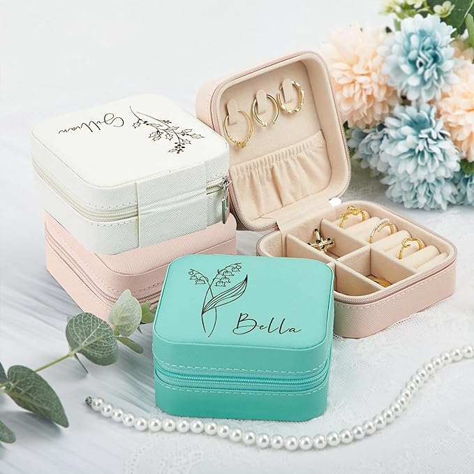 Personalized Jewelry Box for Women Mothers Day Gifts for Mom from Daughter Son Custom Leather Travel Jewelry Case with Name Christmas Birthday Wedding Bridesmaid Gifts (Blue, Design 1)