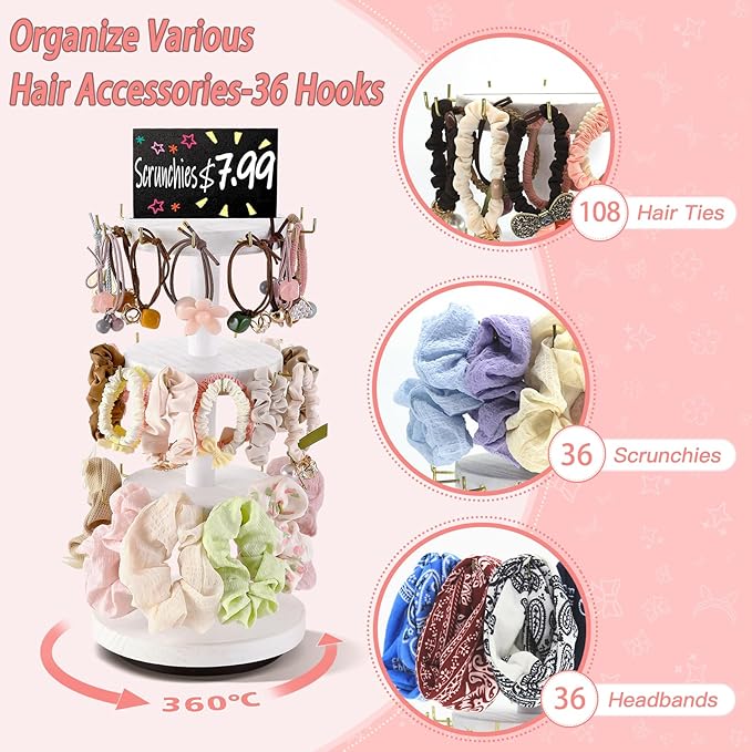 Pinzoveco Scrunchie Holder, 3 Tier Hair Accessories Organizer, Rotating Hair Tie Organizer with 36 Hooks Storage Display Scrunchie Organizer for Women and Girls, White and Gold