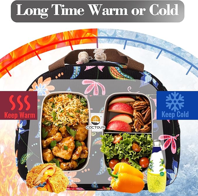 Lunch Box Lunch Bag for Women Girls Teens, Cute Lunch Box Cooler Bag, Portable Small Insulated LunchBox Reusable Corduroy Lunch Tote for Work/Travel/Picnic/School - Floral