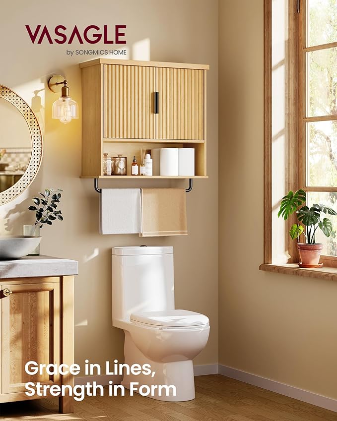 VASAGLE MAXE Collection - Bathroom Cabinet Wall Mounted, Over Toilet Hanging Cabinet with Adjustable Shelf, Towel Bar, Fluted Doors, 7.9 x 23.6 x 28.7 Inches, Transitional, Oak Beige UBBK135Y01S