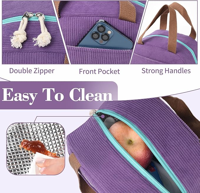 Lunch Box Lunch Bag for Women Girls Teens, Cute Lunch Box Cooler Bag, Portable Small Insulated LunchBox Reusable Corduroy Lunch Tote for Work/Travel/Picnic/School (Purple)