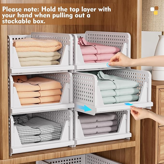 SNSLXH 5 Pack Stackable Closet Storage Basket, Multifunctional & Foldable Closet Organizer for Bathroom Kitchen Laundry Room Wardrobe Storage, Space-Saving Clothes Storage Drawer Organizer, White