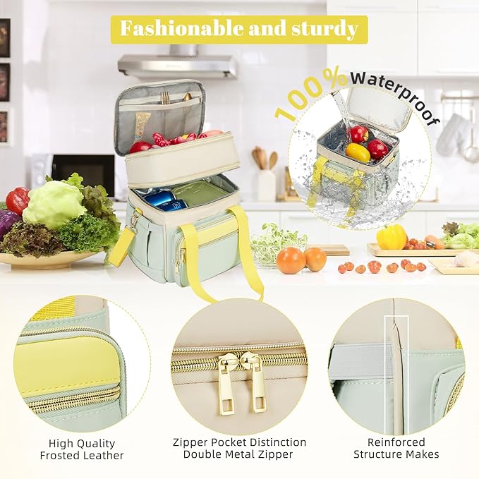 Insulated Lunch Bag & Lunch Box for Women - Double Deck Reusable Lunch Bag for men Tote Cooler Bag Leakproof Soft Expandable - Large Lunchbox for Work/Adult/Picnic/Outdoor (Green，15L)