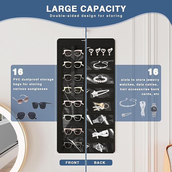 Hanging Sunglasses Organizer and Storage, Dual-Sided Sunglasses Case and Jewelry Holder, Wall-Mounted, 32 Clear Slots, Dust-Proof, Roof Design for Travel, Black