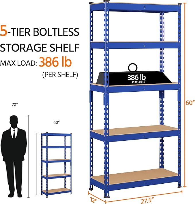 Topeakmart 5-Tier Utility Shelves, Metal Storage Shelves, Adjustable Shelving Units, Boltless Assembly, Garage Shelves Shed Shelving for Warehouse Garage Shed Basement- Blue, 27.5 x 12x 60 Inch