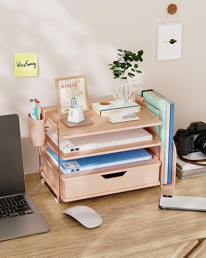 Kitsure Desk Organizer - 4-Tier Office Desk Accessories with Drawer ＆ Pen Holder, Tool-Free Assembly Organizer with Non-Slip Pads, for Office Supplies Storage, Plastic, 13.3" x 8.0" x 10.8", Rose Gold