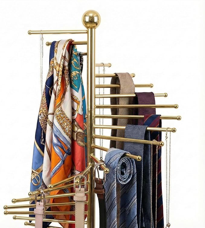 Multi-functional spiral organizer, free-standing design with 30 rods. Ideal for storing multiple scarves, hijabs, and clothes while saving space (42x170cm/17x67in). (gold)