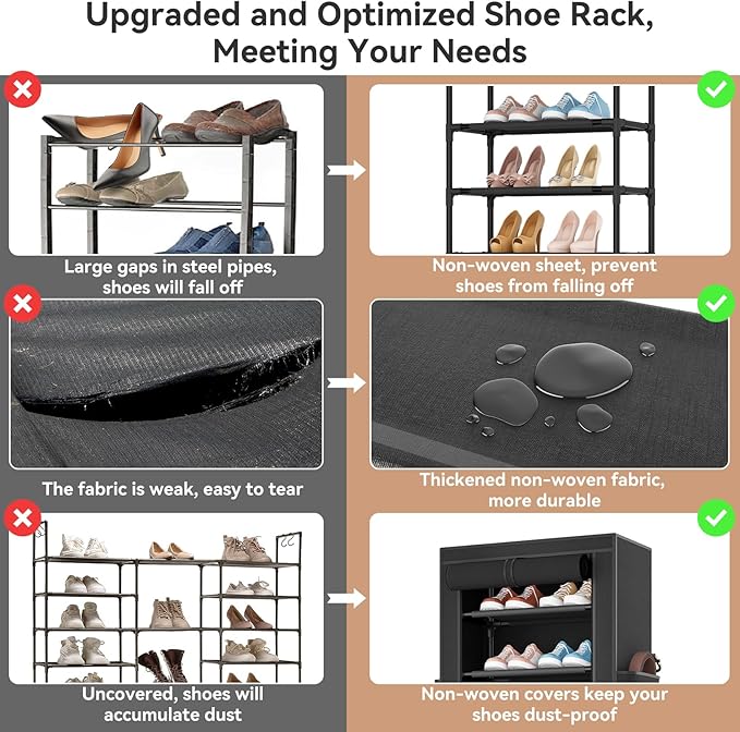 Narrow Shoe Rack with Cover 10 Tier Tall Shoe Rack Organizer Large Capacity Shoe Shelf Storage 18-22 Pairs Space Saving Free Standing Shoe Storage Organizer for Closet, Entryway, Dorm, Black