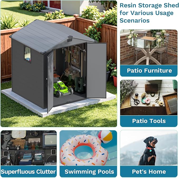Devoko 6x6 FT Plastic Outdoor Storage Shed with Floor, Resin Garden Shed with Lockable Door and Window, Waterproof Outside Tool Storage Shed for Patio, Garden, Backyard, Dark Gray
