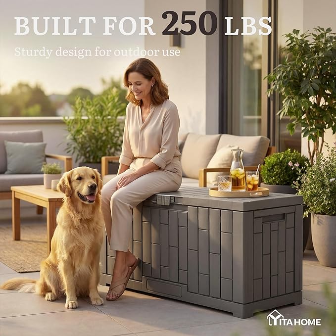 YITAHOME 60 Gallon Outdoor Storage Box, Lockable Resin Deck Box with Handles, Waterproof Outdoor Storage Box for Patio Furniture, Garden Tools and Pool Accessories, Light Brown