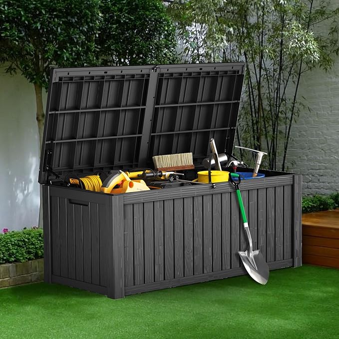 Outdoor Storage Box 180 Gallon Waterproof, Large Lockable Resin Deck Box Patio Storage Bin for Pool Accessories Cushion Furniture, Garden Tools, UV-Resistant Outside Delivery, Black