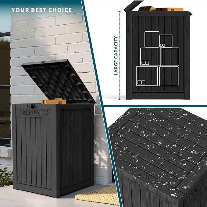 EasyUp Outdoor Package Delivery Box, 55-Gallon Lockable Parcel Drop Box, Large Double-Walled Resin Weatherproof Storage Deck Box for Porch and Patio (Black)