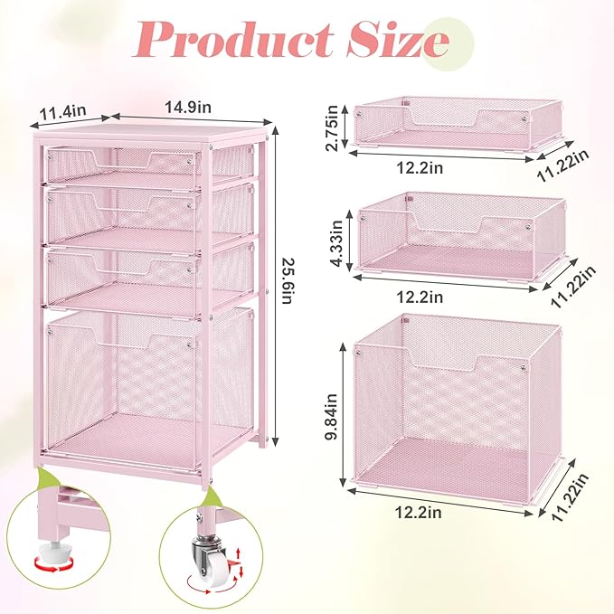 4 Drawer Rolling File Cart Under Desk Storage, File Cabinets for Home Office, Mobile Filing Cabinet, Hanging File Organizer with Wheels, Utility Cart Printer Stand, Pink