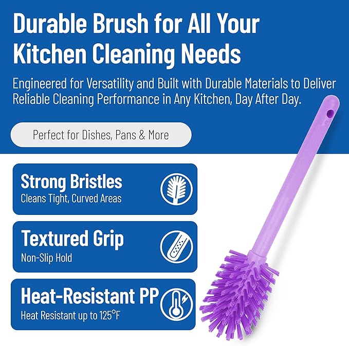 SPARTA Large Water Bottle Brush Ideal for Wide-Mouth Jars, Bottles and Tumblers, Dishwashing Tool with Handle for Home and Commercial Kitchens, Plastic, 16 Inches, Purple, (Pack of 4)