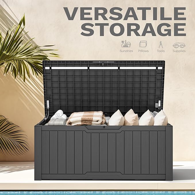 DWVO 120 Gallon Outdoor Storage Deck Box, Weather-Resistant Resin, Versatile for Patio Furnishings, Outdoor Cushions, Garden Tools, and Sports/Pool Gear (Dark Gray)