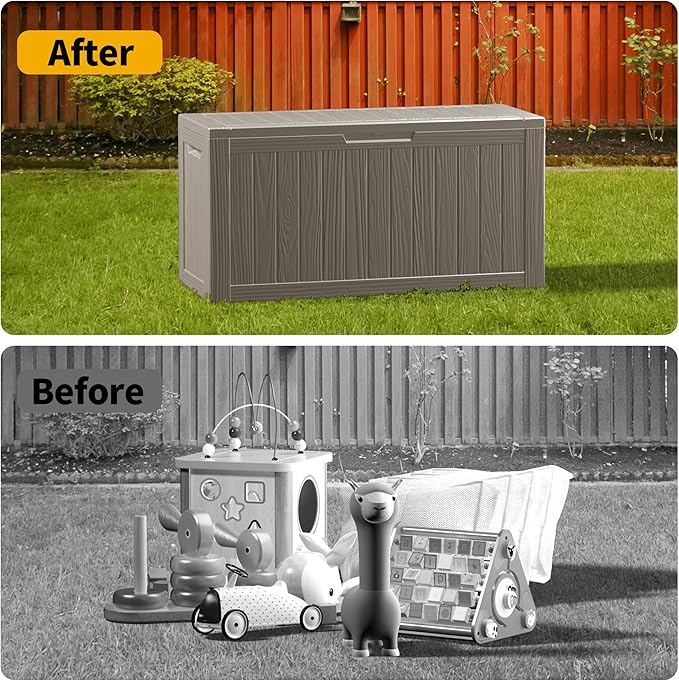 Outdoor Storage Deck Box Waterproof,80 Gallon Lockable Patio Package Delivery Bin as Seat, Resin Storage Container Bench for Furniture Cushions, Pool Accessories, Garden Tools, Grey