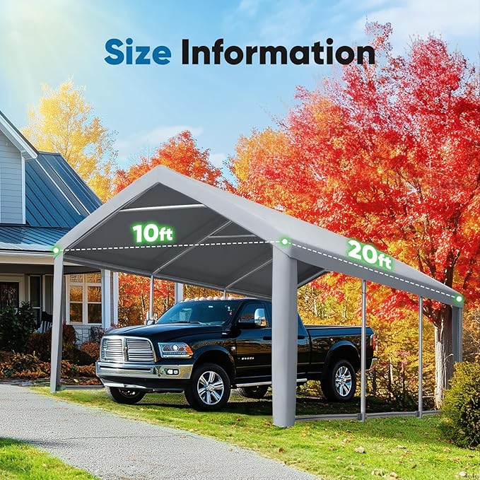ADVANCE OUTDOOR 10x20 ft Carport Replacement Top Canopy Cover with Leg Cloth, Heavy-Duty Waterproof & UV Protected Car Garage Shelter Tent, Easy Installation with Ball Bungees, Sliver Gray, Roof Only
