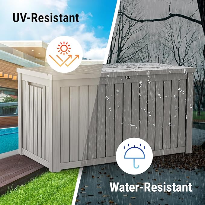 Mars Villa 180 Gallon Outdoor Storage Box, Large Waterproof Resin Deck Box for Patio Furniture Cushions, Pool Supplies, Gardening Tools, Lockable, Weatherproof and UV Resistant, Greige