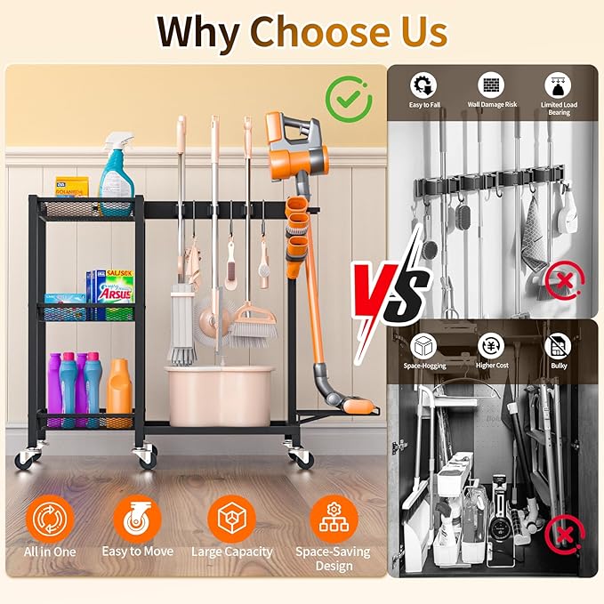 Broom Holder with Cleaning Supplies Organizer Load 350 LBS Cleaning Cart with Wheels Broom Closet Storage with 3-Tier Shelves, 6 Mop Hanger Grippers, 3 Double-Hooks, Vacuum Stand for Laundry Garage