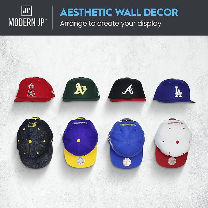 Modern JP Adhesive Hat Hooks for Wall (16-Pack) - Hat Rack for Baseball Caps, Minimalist Hat Display, Strong Hold Hat Hangers for Wall - USA Patented, Black