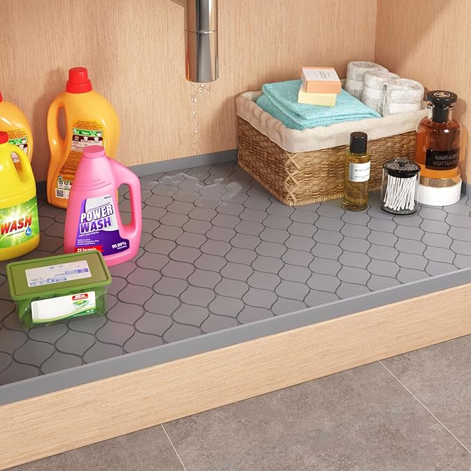 Silicone Under Sink Mat 25" x 19", kitchen Essentials and Gadgets, Shelf liner and Cabinet Protector, Home Organizers and Storage, Waterproof Bathroom Tray