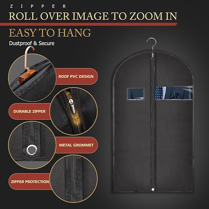 5 Pack 40-inch Suit Bag Garment Bag for Travel and Storage, Garment Bags for Hanging Clothes with Zipper and Visible Transparent Window, Black