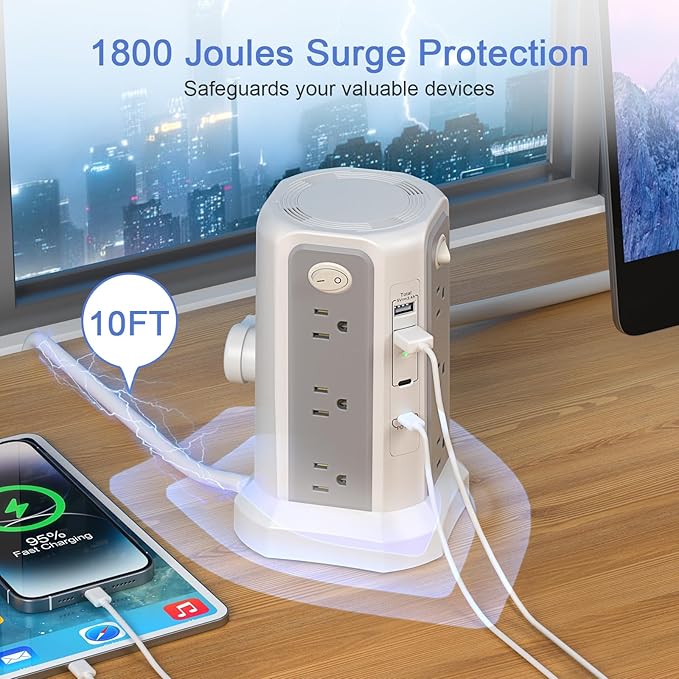 Long Extension Cord 10FT 1625W|13A with Multiple Outlets, Surge Protector Power Strip Tower with 4 USB(2 USB C) Ports, Flat Plug 1800J Overload Protection for Home Office DormRoom Essentials