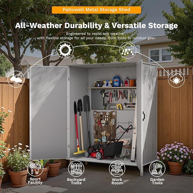 Patiowell Plastic Outdoor Storage Shed with Floor, 5 x 3 FT Patio Outdoor Storage Cabinet with Stable Roof & Lockable Doors, Waterproof Resin Shed for Tools, Patio Furnitrue Accessories, Light Gray