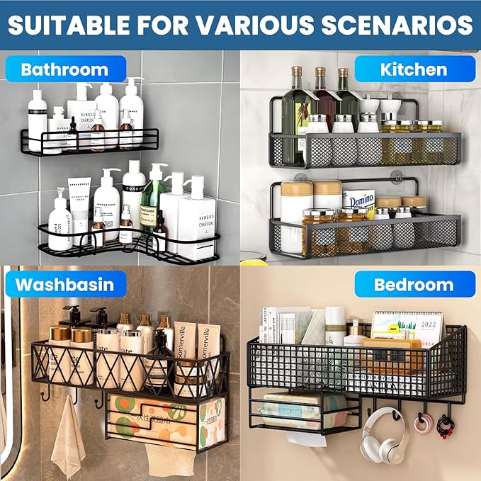 10 Pack Shower Caddy Adhesive Replacement, Shower Shelf Strong Adhesive Hooks, No Drilling, Transparent WaterProof Strips for Bathroom Shelves & Kitchen Racks