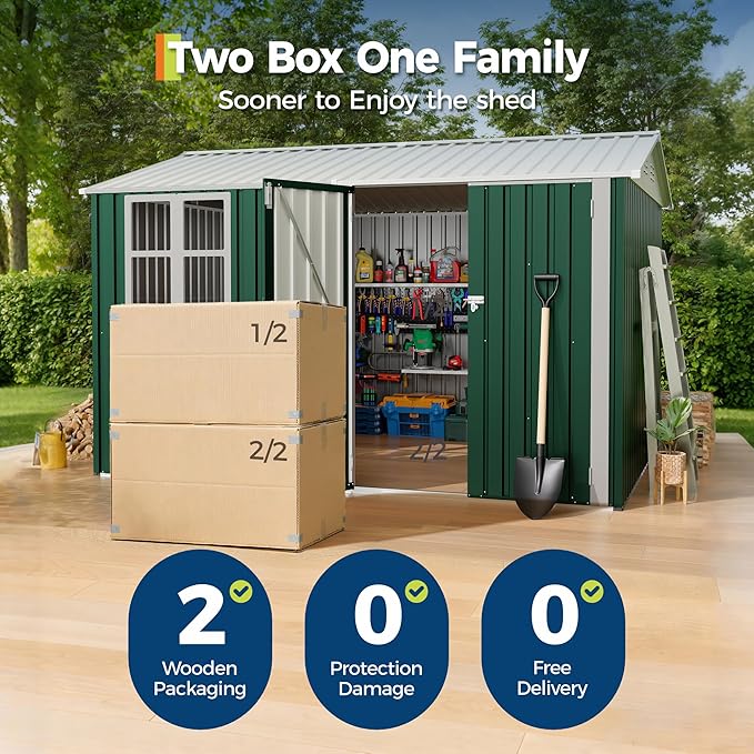 8x10 FT Outdoor Storage Shed,450CU.T Metal Tool Shed with Clear Window, Lockable Doors,Large Garden Storage Box with Sloping Roof，Sheds&Outdoor Storage for Backyard Garden Patio Lawn, Green