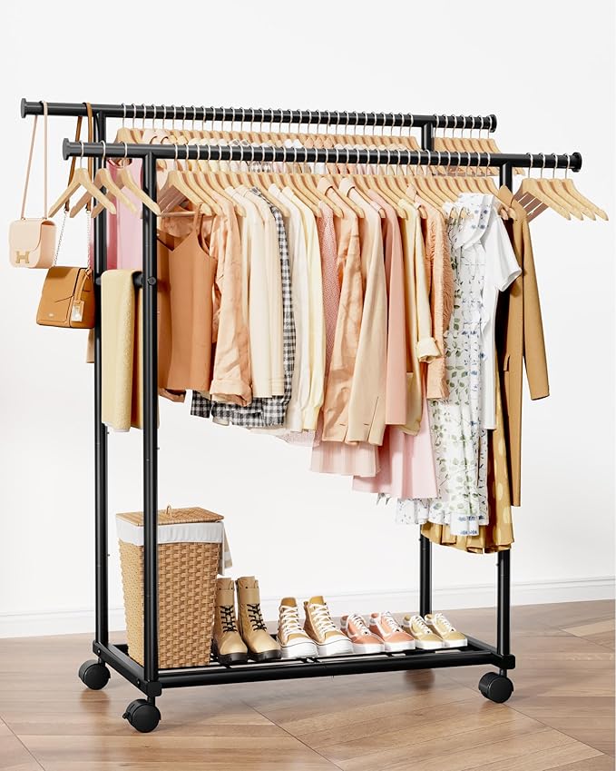 Metal Clothes Rack - Double Rod Clothing Rack with Fixed Extension Rod & Universal Wheels, Coat Rack with Built-In Shelf for Closet Organizers and Storage (45.6" x 16.9" x 61.0", Black)