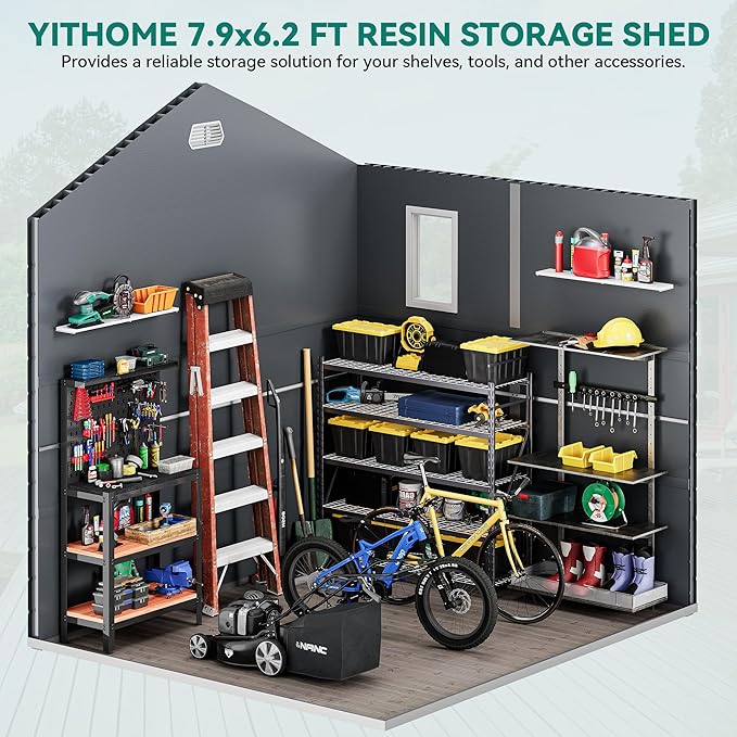 YITAHOME 8x6FT Resin Storage Unit sans Flooring, All-Weather Plastic Shed with Window, Vents and Secured Doors, Outdoor Plastic Tool Cabin for Poolside, Lawn, Backyard, Patio, Dark Gray