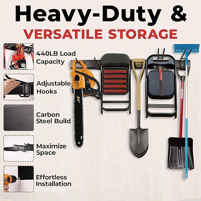 NINE FORTY Garage Tool Organizer Wall Mount - 49.5 Inches, 16" Stud Spacing, 440 LBS. Sturdy Rubber Coated Garden Tool Organizer and Storage Rack with Adjustable Hooks