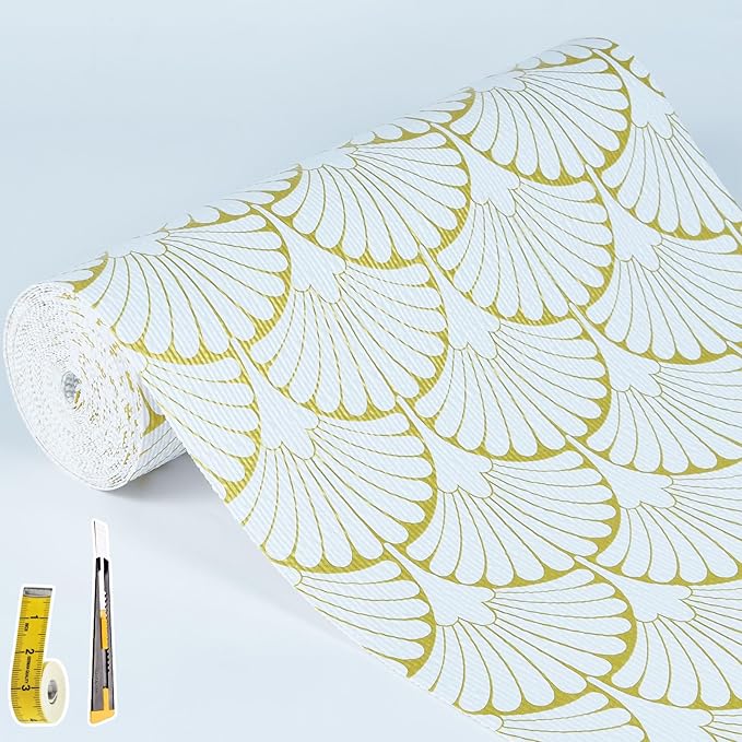 Shelf Liners Non Adhesive Gold Background White Fan-Shaped Pattern - Thickened Non-Slip Easy to Clean Drawer Liner for Kitchen Cabinets, Tool Box,Refrigerator,with Knife & Tape Measure,17in x 20FT.
