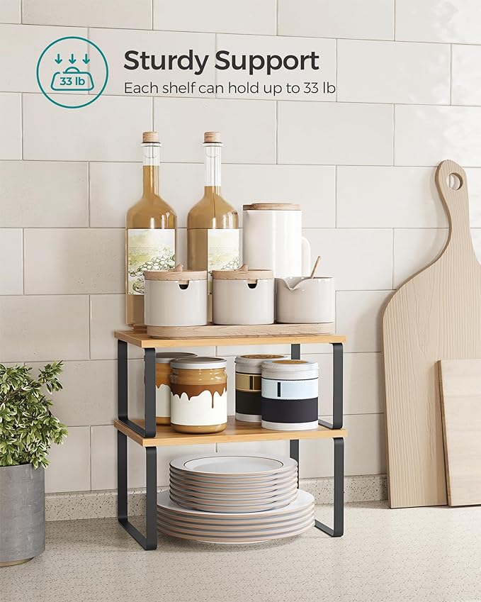 SONGMICS Cabinet Organizer Shelf, Set of 2 Kitchen Counter Shelves, Kitchen Storage, Spice Rack, Stackable, Expandable, Metal and Engineered Wood, Ink Black and Natural Beige UKCS02NB