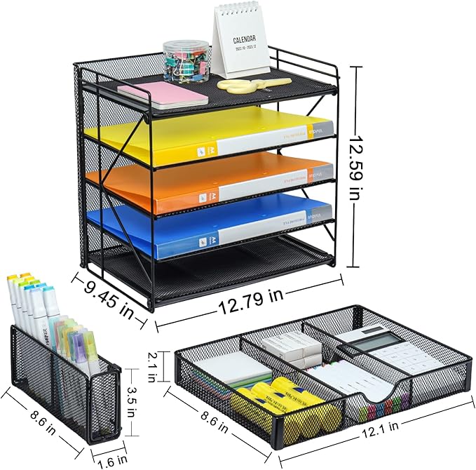 GALASALA Desk Organizers, 5-Tier Mesh Desktop File Organizer, Paper Organizer Letter Tray with Drawer, Paper Sorter for School Office Supplies Desk Accessories, Black
