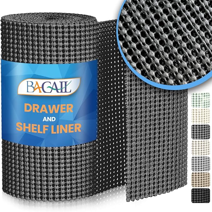 BAGAIL Drawer and Shelf Liner, 17.5 in X 10 Ft Non-Adhesive Shelf Liners for Kitchen Cabinets, Thick Strong Grip Liners for Desk, Shelves, Bathroom Drawers, Cabinet Protection - Charcoal