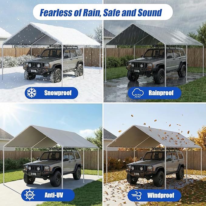 10x20Ft Carport Replacement Canopy Cover, Heavy Duty Waterproof Garage Top Shelter Cover Car Canopy with Ball Bungees (Gray, 10 * 20ft)
