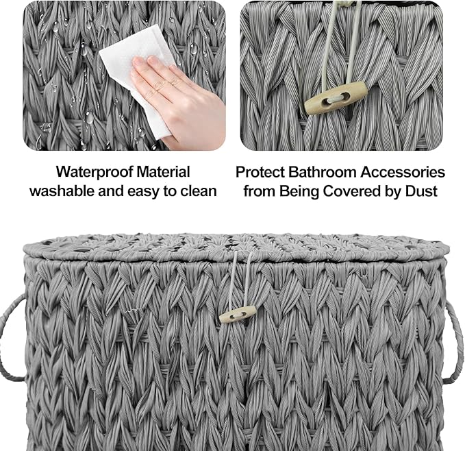 Toilet Paper Storage Basket with Lid,Wicker Toilet Paper Holder Stand,Narrow Decorative Woven Bathroom Basket Organizer,Free Standing Grey