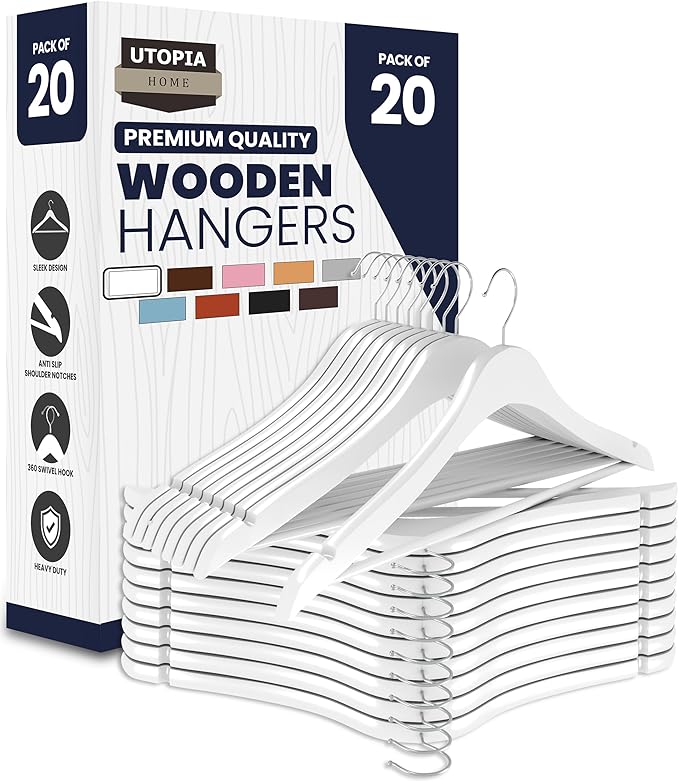 Utopia Home Premium Wooden Hangers 20 Pack - Durable & Slim Coat Hanger - Suit Hanger with 360-Degree Rotatable Hook - Wood Hangers with Shoulder Grooves (White Color)