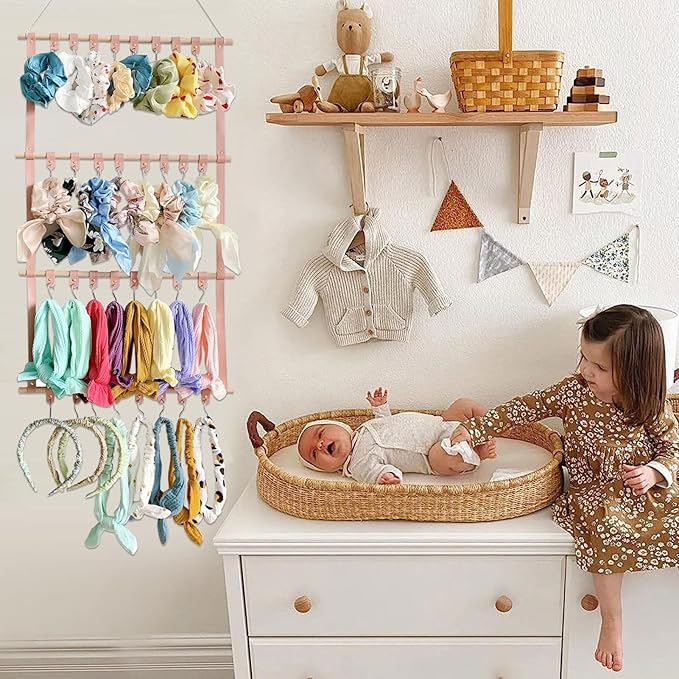 Headband Holder Wall Hanging Hair Accessories Organizer Hair Bows Clip Organizer Rack Necklace Display Hanger Beige