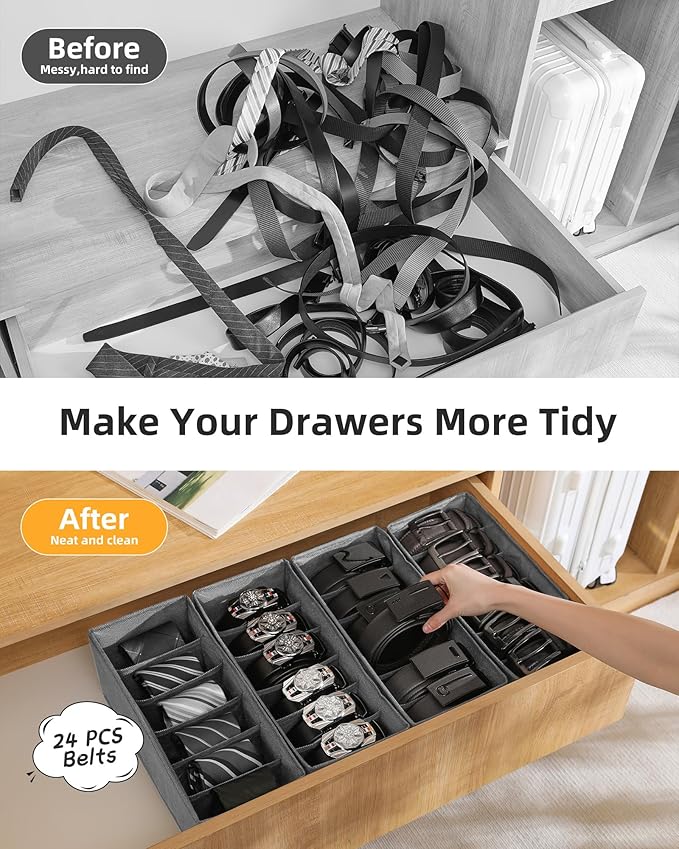 4 PCS Belt Organizer for Closet, 6 Grids Belt Holder, Washable Belt Box, Foldable Tie Organizer for Men, Belt Storage for Drawer (Grey, 13.38inch)